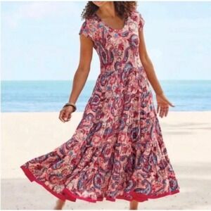 Soft Surroundings Kara Maxi Dress Cap‎ Sleeve Tiered Framboise Paisley Pink Med